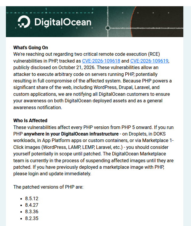 DigitalOcean advisory email about the PHP RCE vulnerabilities