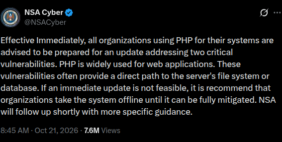 NSA Cyber advisory on the PHP RCE vulnerabilities, October 21, 2026